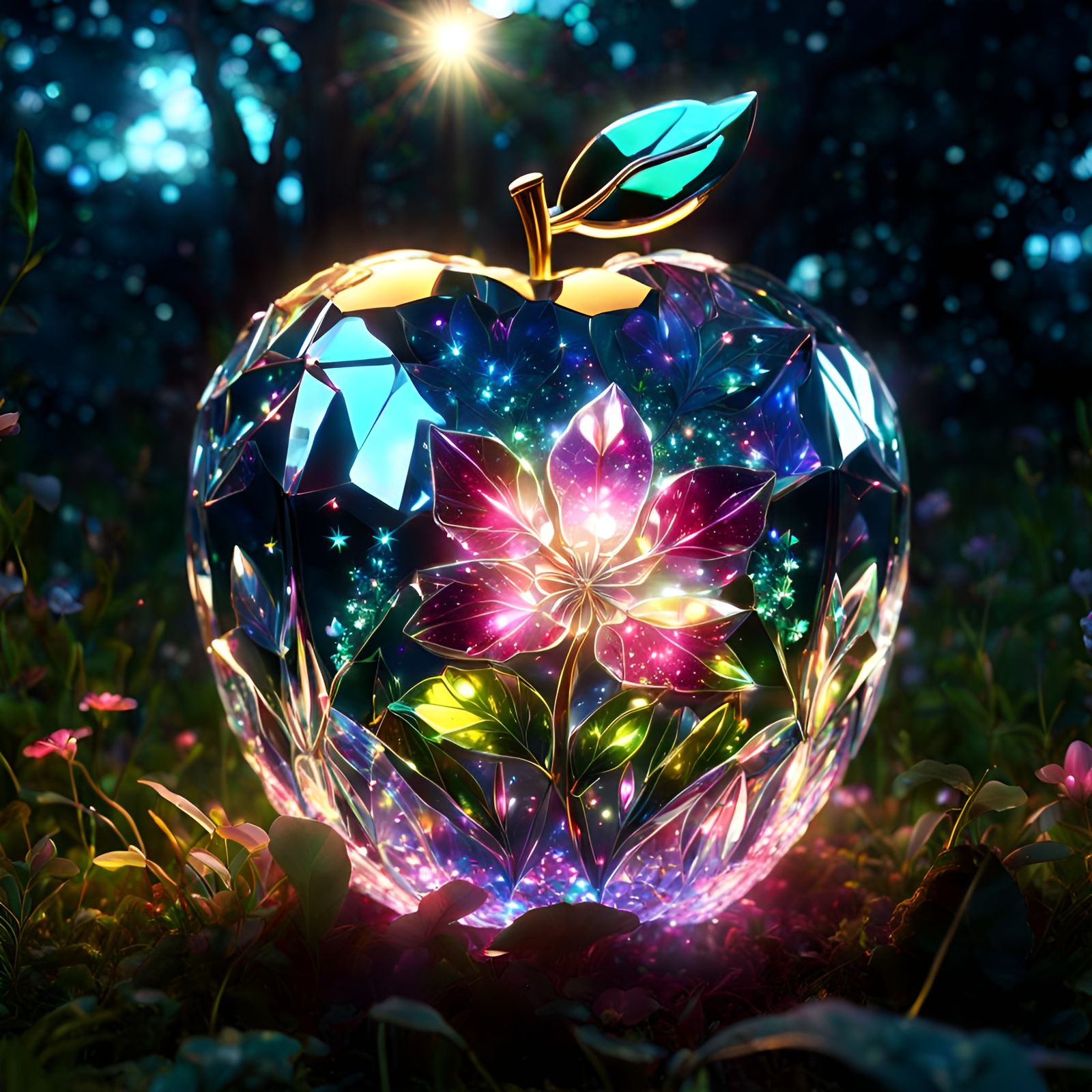 Bioluminescent Stained Glass Apple in Anime Style