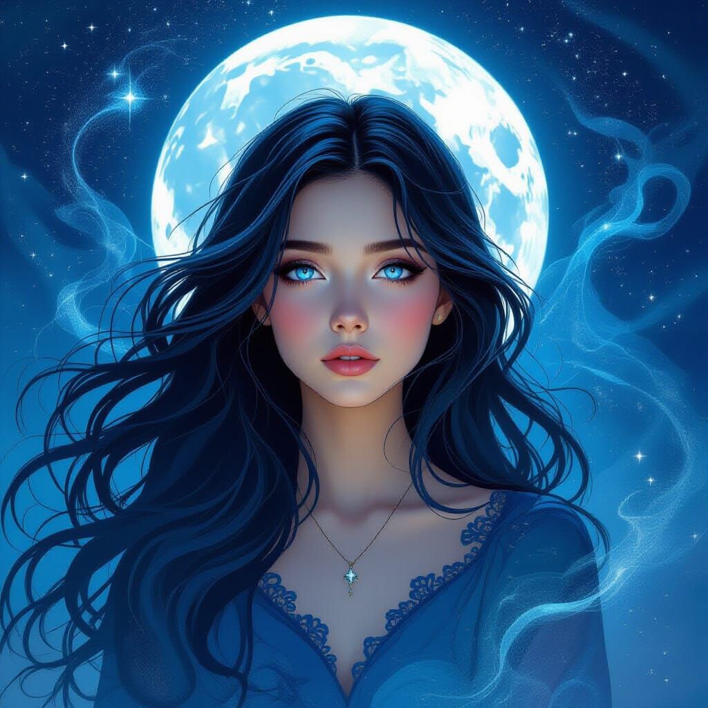 Ethereal Girl Album Cover Art with Moonlit Hair