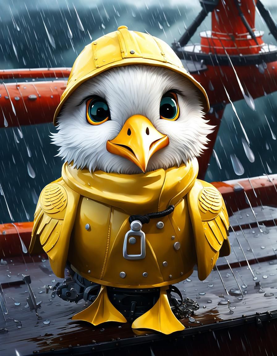 Chibi Seagull in Rainstorm, Detailed Digital Art