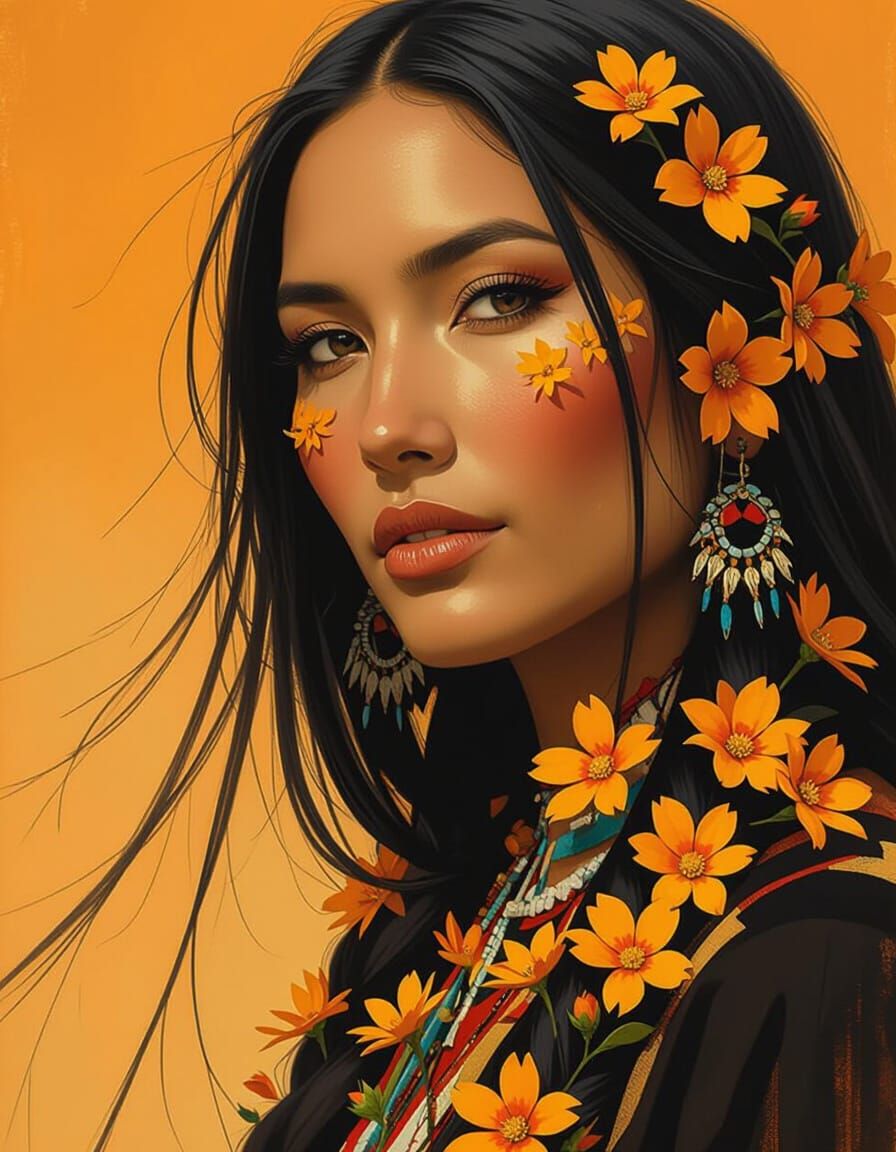 Native American Woman Portrait with Floral Crown