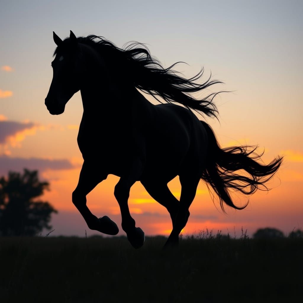 Majestic Black Friesian Stallion Against Golden Summer Sunse...