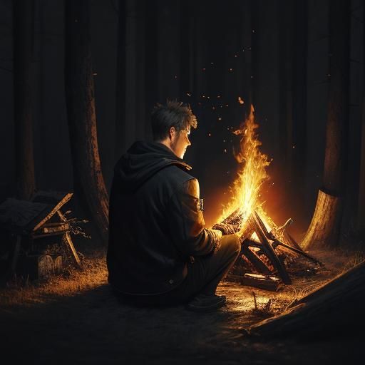 Man by Fire in Dark Forest: 3D Anime Art