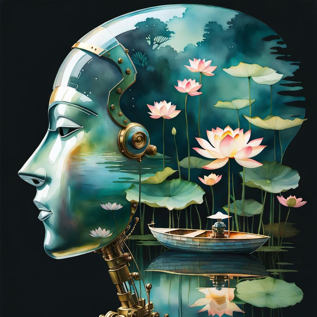 Pearlescent Robot Profile on Lotus Lake in Watercolor