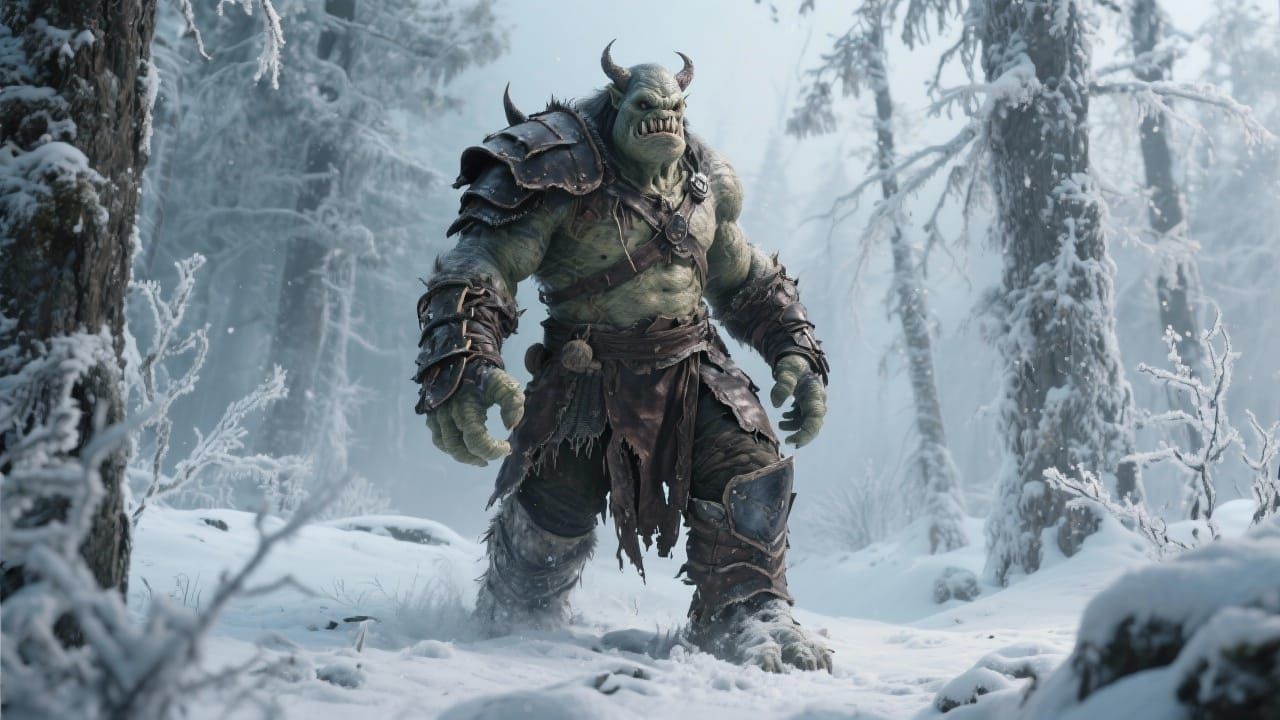 Demonic Ogre in Winter Forest: Hyperrealistic 8K