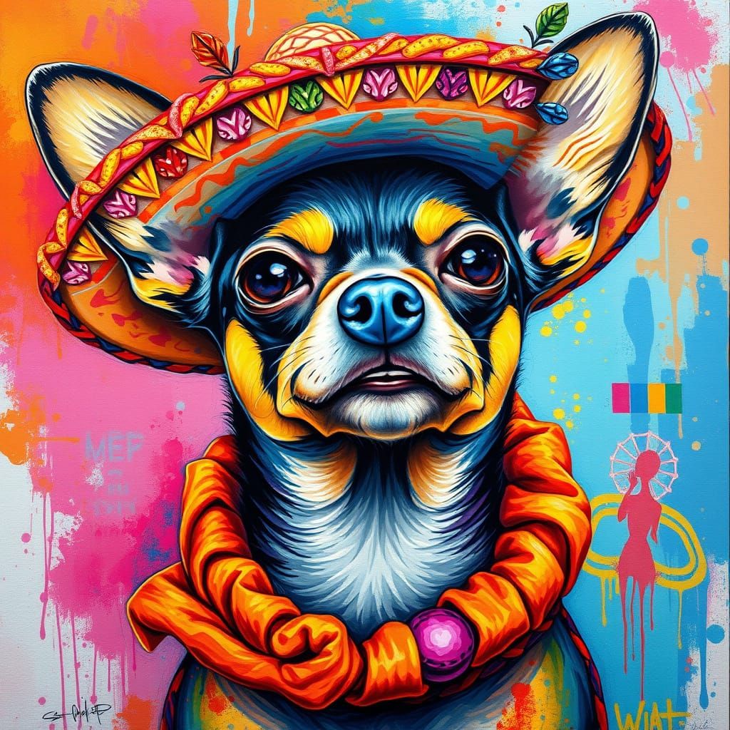 Chihuahua in Sombrero: Impressionist Charcoal Drawing