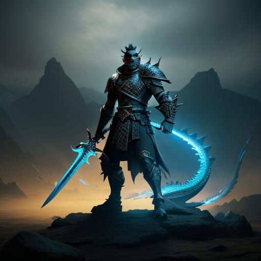 Fantasy Warrior Battles Giant Dragon with Glowing Sword