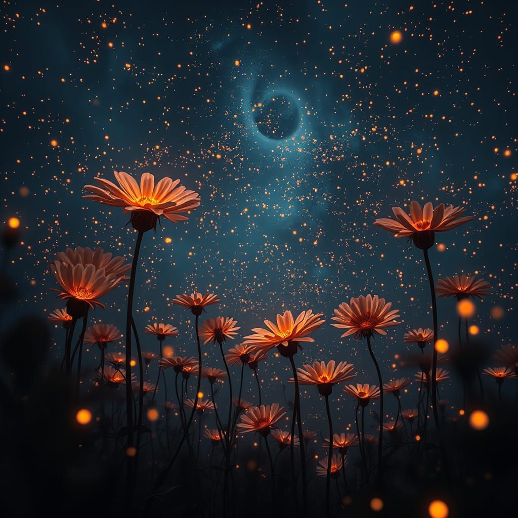 Fireflies Form Flowers in Dramatic Digital Painting