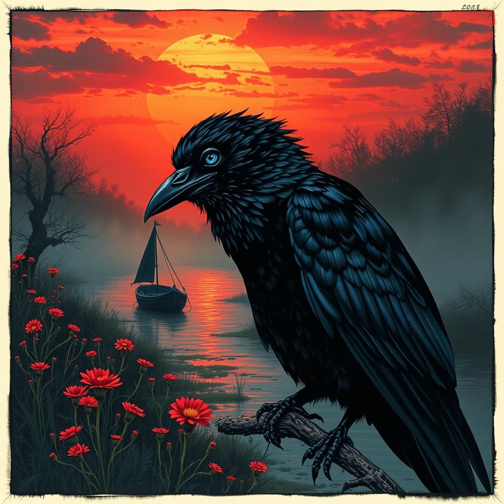 Blue-Eyed Raven at Sunset in Color Print Style