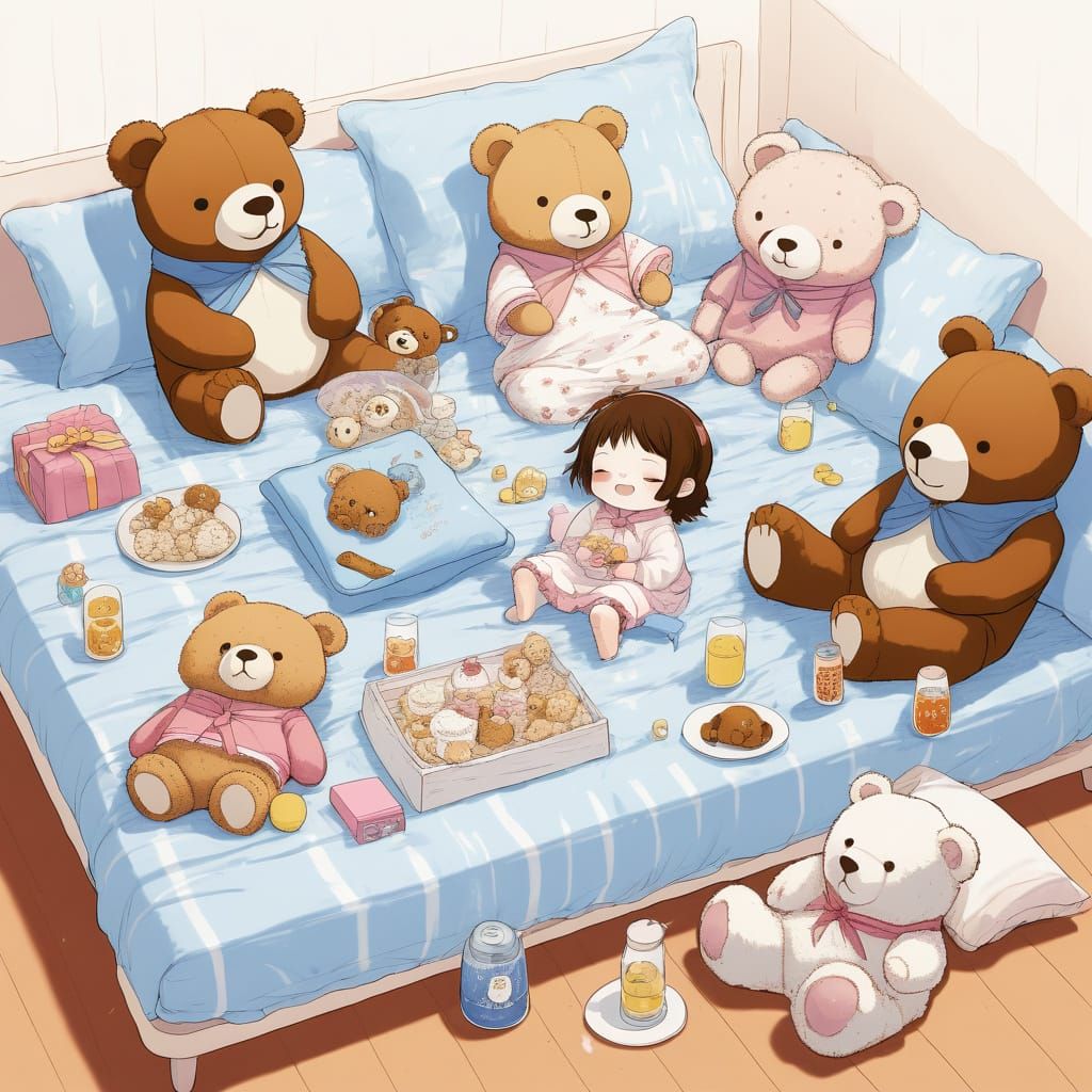 Surreal Anime-Inspired Teddy Bear Slumber Party Scene