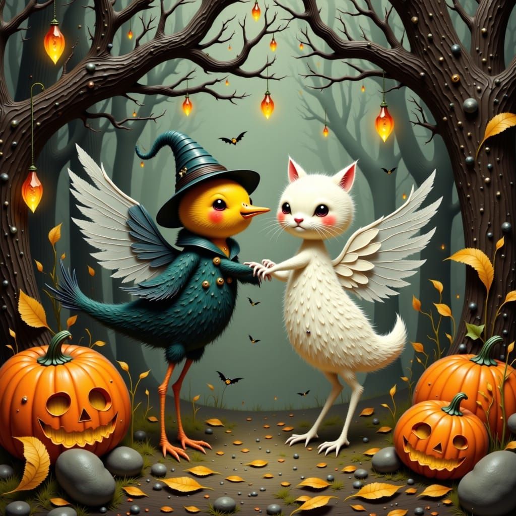 Ghostly Cat and Bird Halloween Reunion