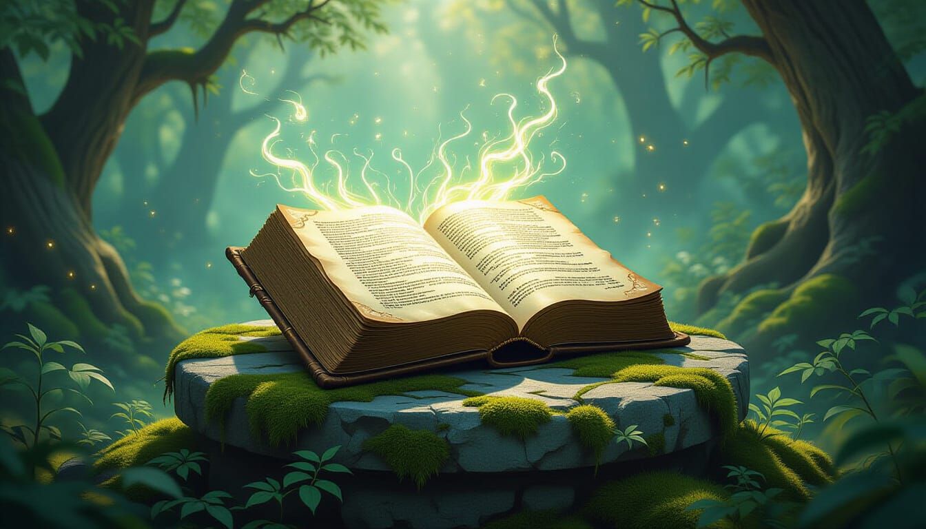 Glowing Rune Tome in Enchanted Forest