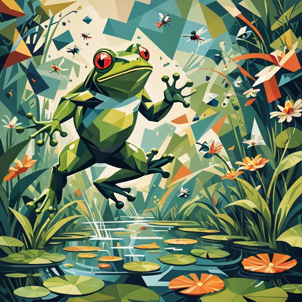 Cubist Frog Leaping for Flies in Pond