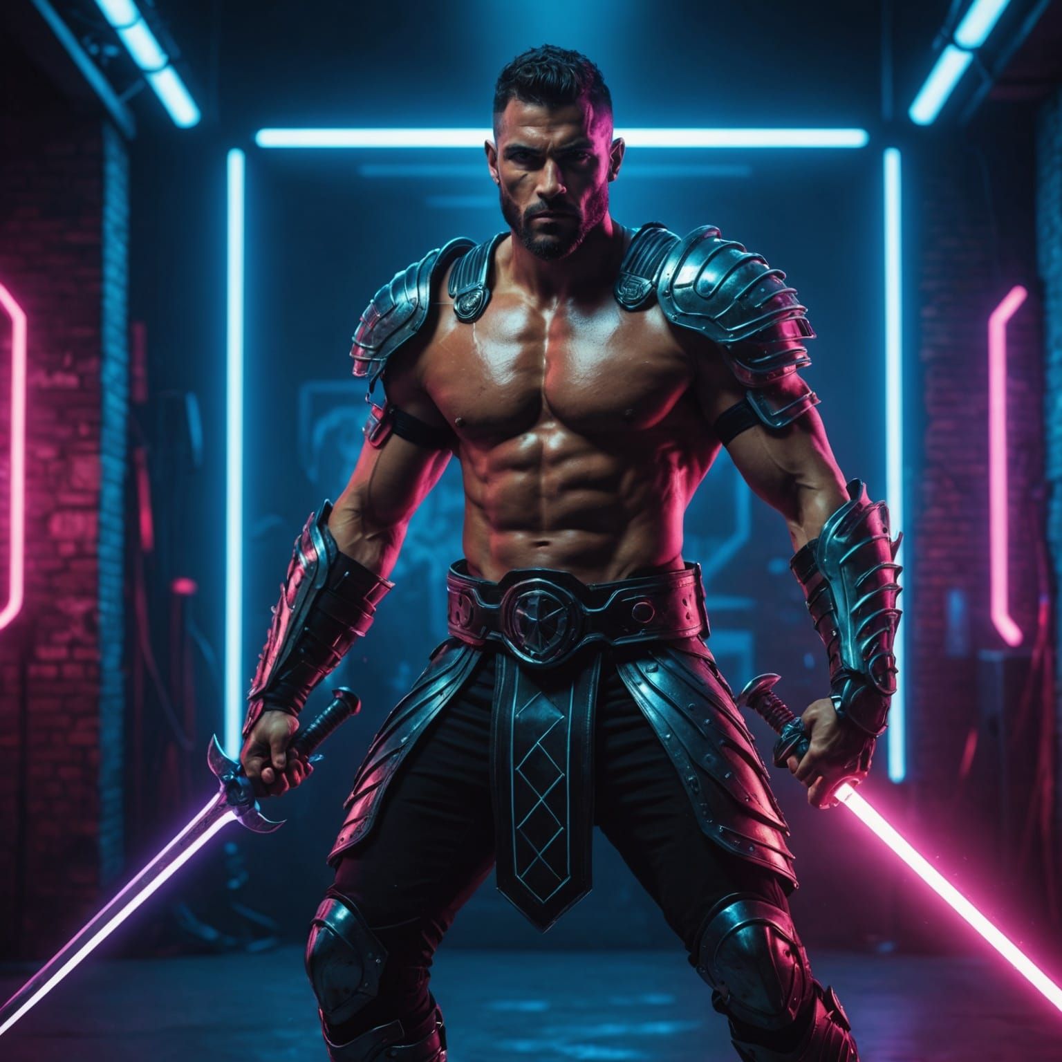 Bionic Gladiator Poses Under Neon Lights
