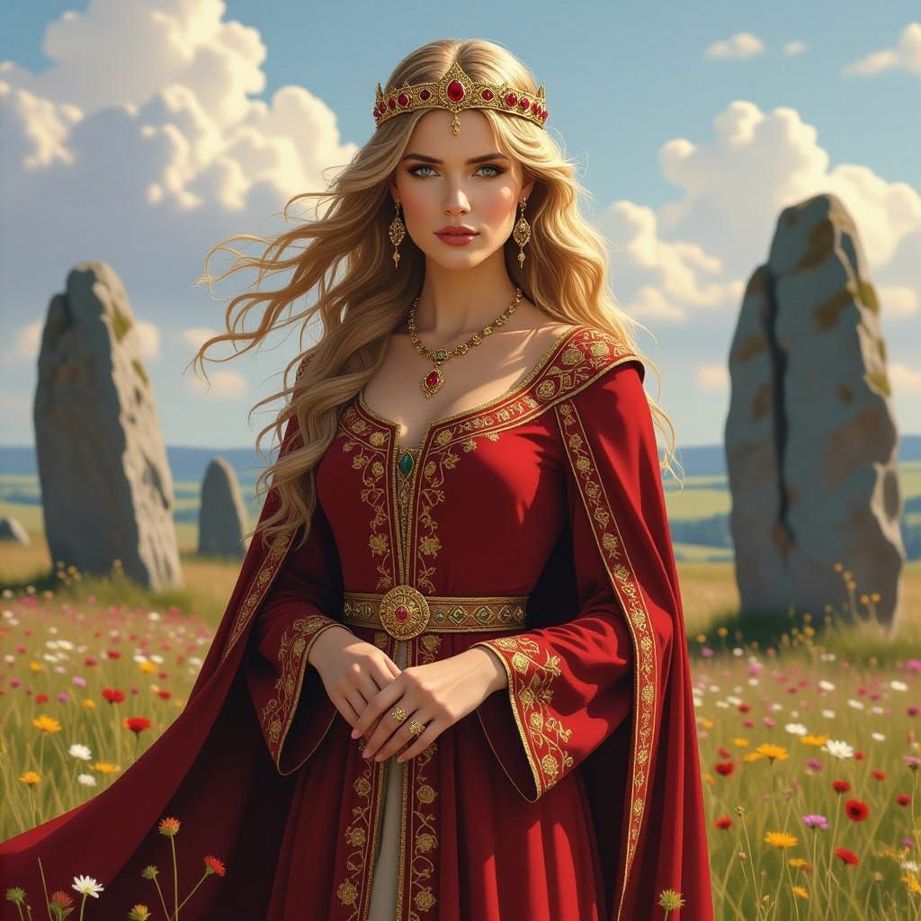 Anglo-Saxon Goddess Rheda in Crimson Tunic and Gold Embroide...