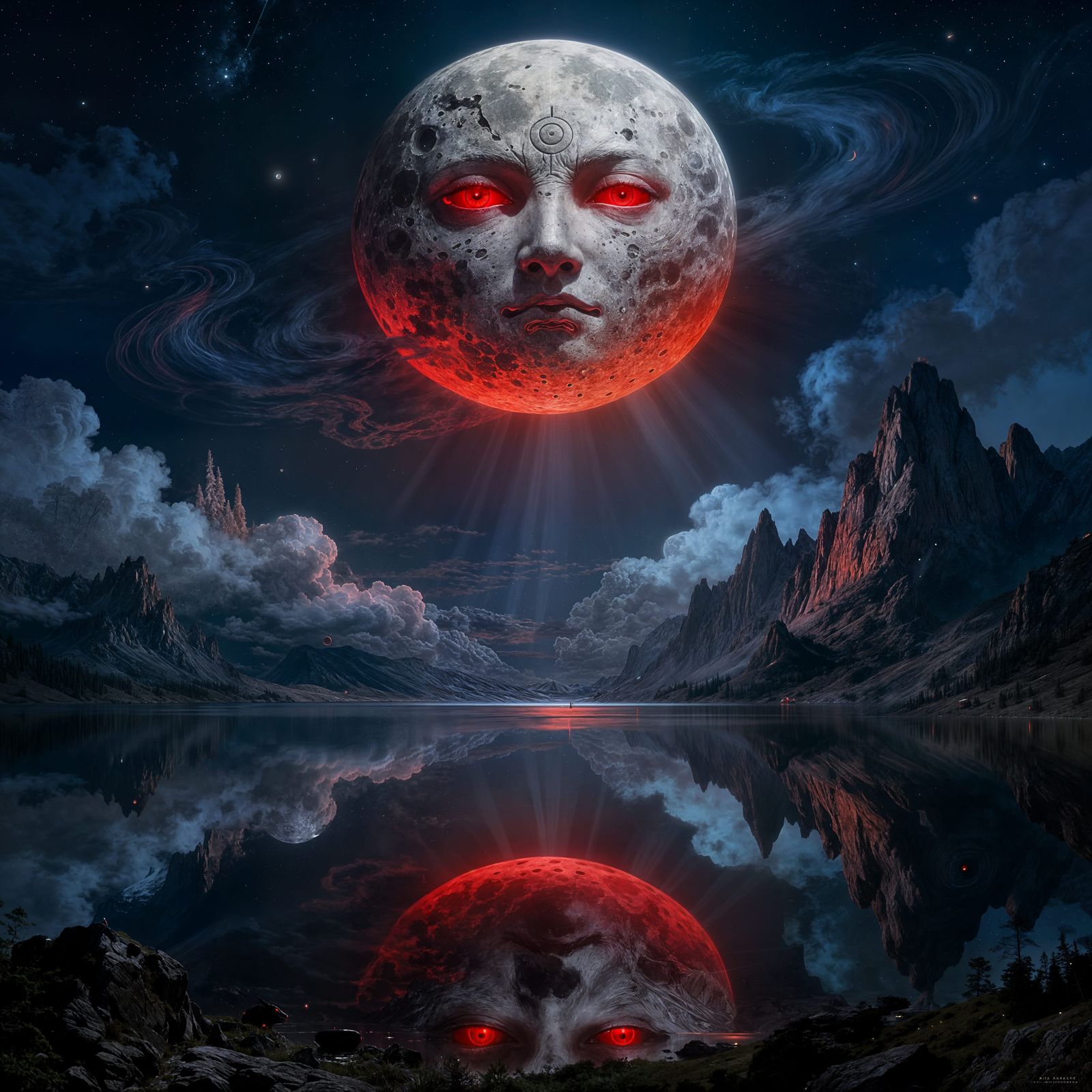 Sentient Moon With Glowing Eyes Over Lake