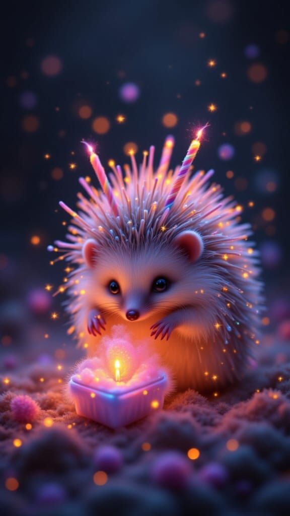 Hedgehog with Glowing Candle Quills and Rainbow Smoke