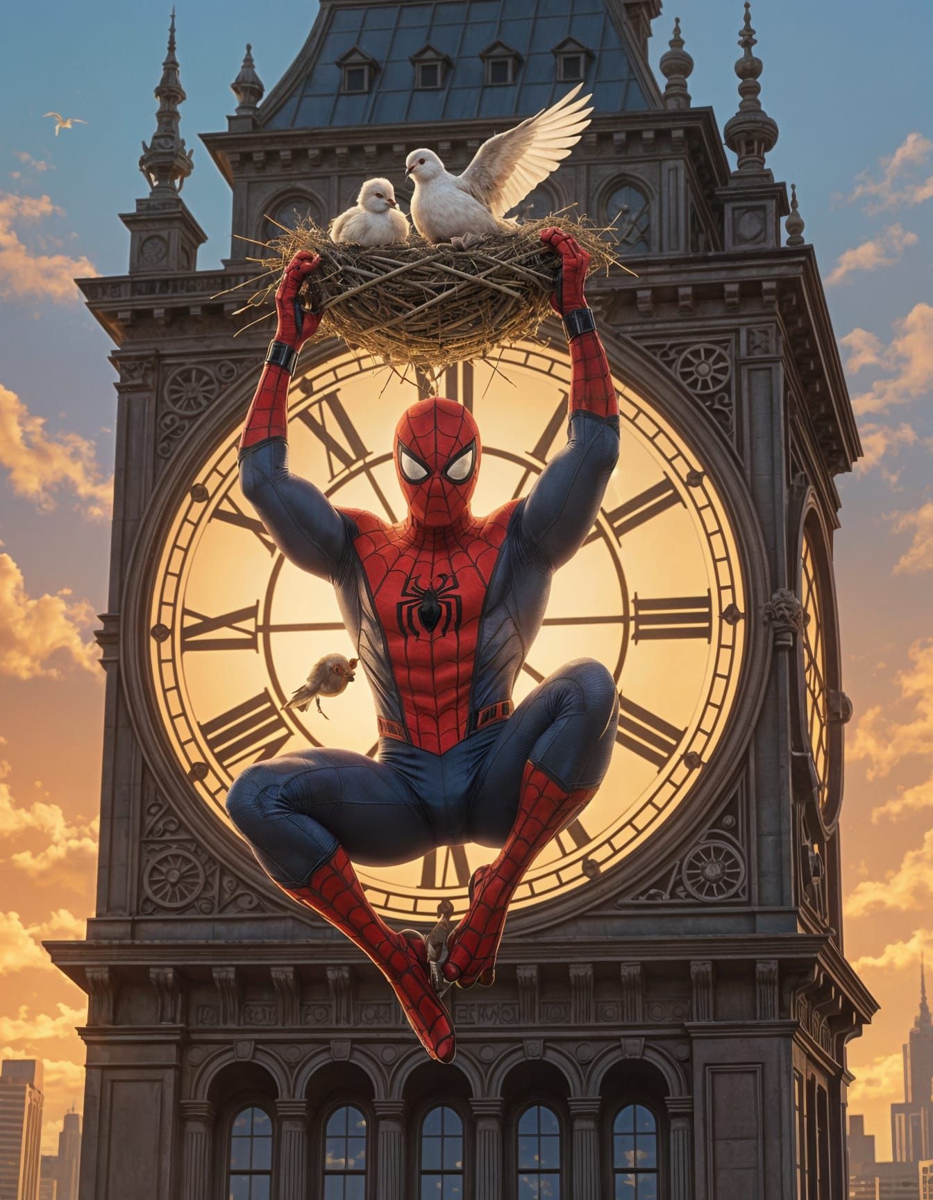 Spider-Man Hangs on City Clock with Dove Nest on Head