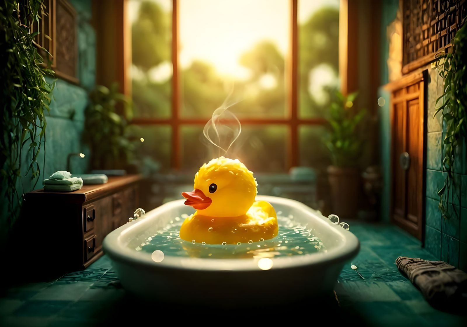 Ethereal Yellow Duck Soaks in a Serene Oriental Diorama