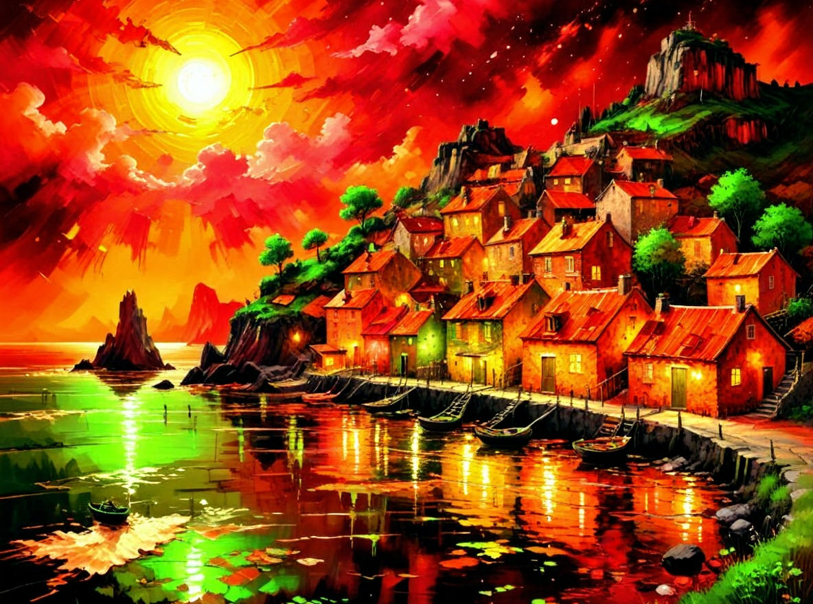 Neon Impressionist Seaside Village at Night