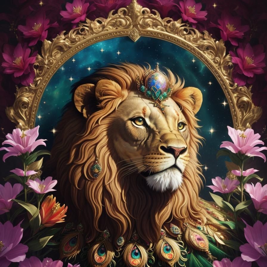 Lion Head with Feathers and Jewels, Detailed Illustration