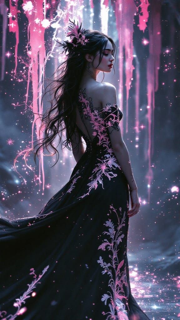 Mysterious Woman in Black and Pink Ethereal Dreamscapes