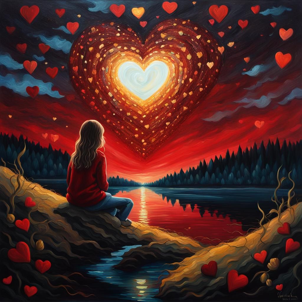 Girl Gazing at Heart Sky: Expressive Oil Painting