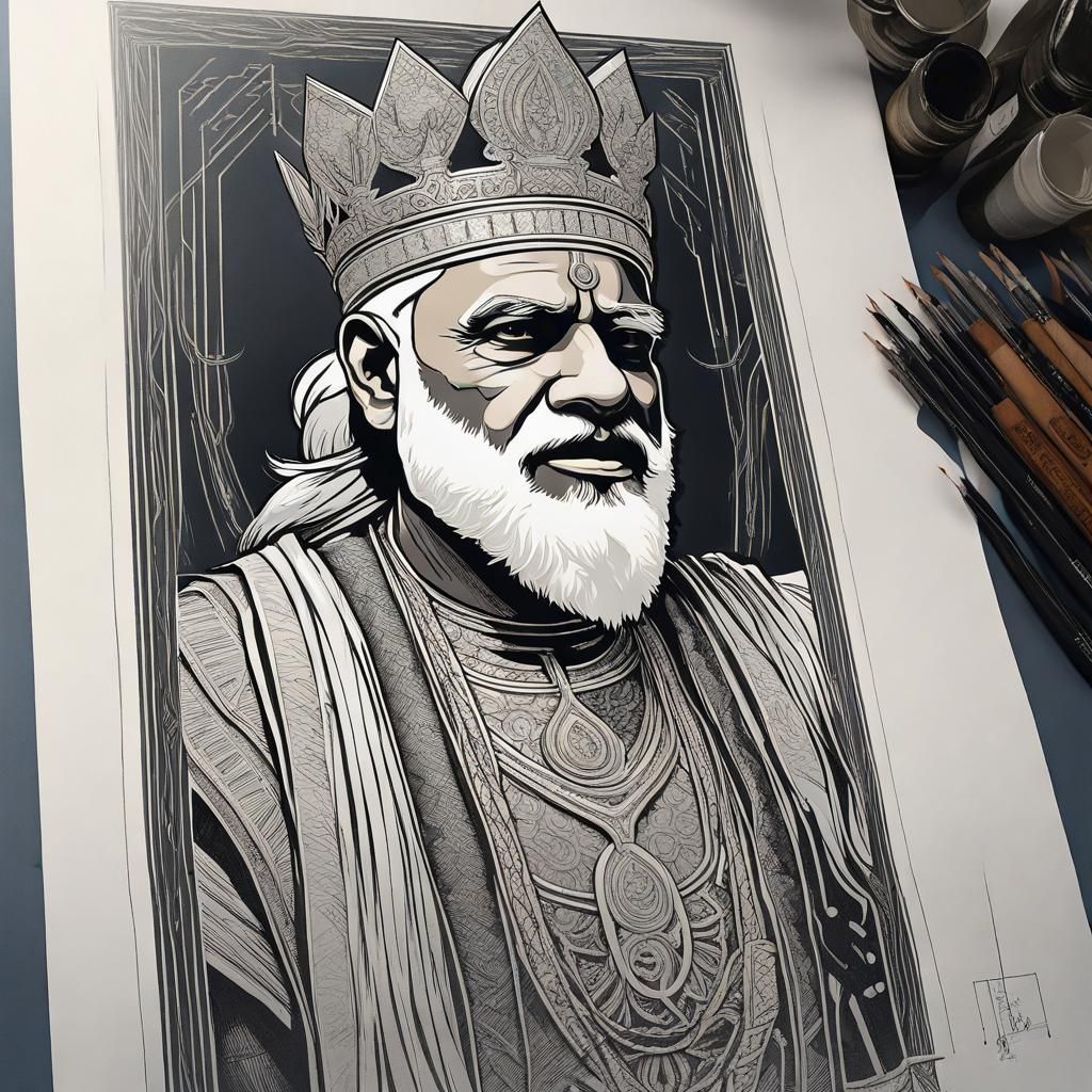 Modi as King Priam in Linocut Coloring Book Style