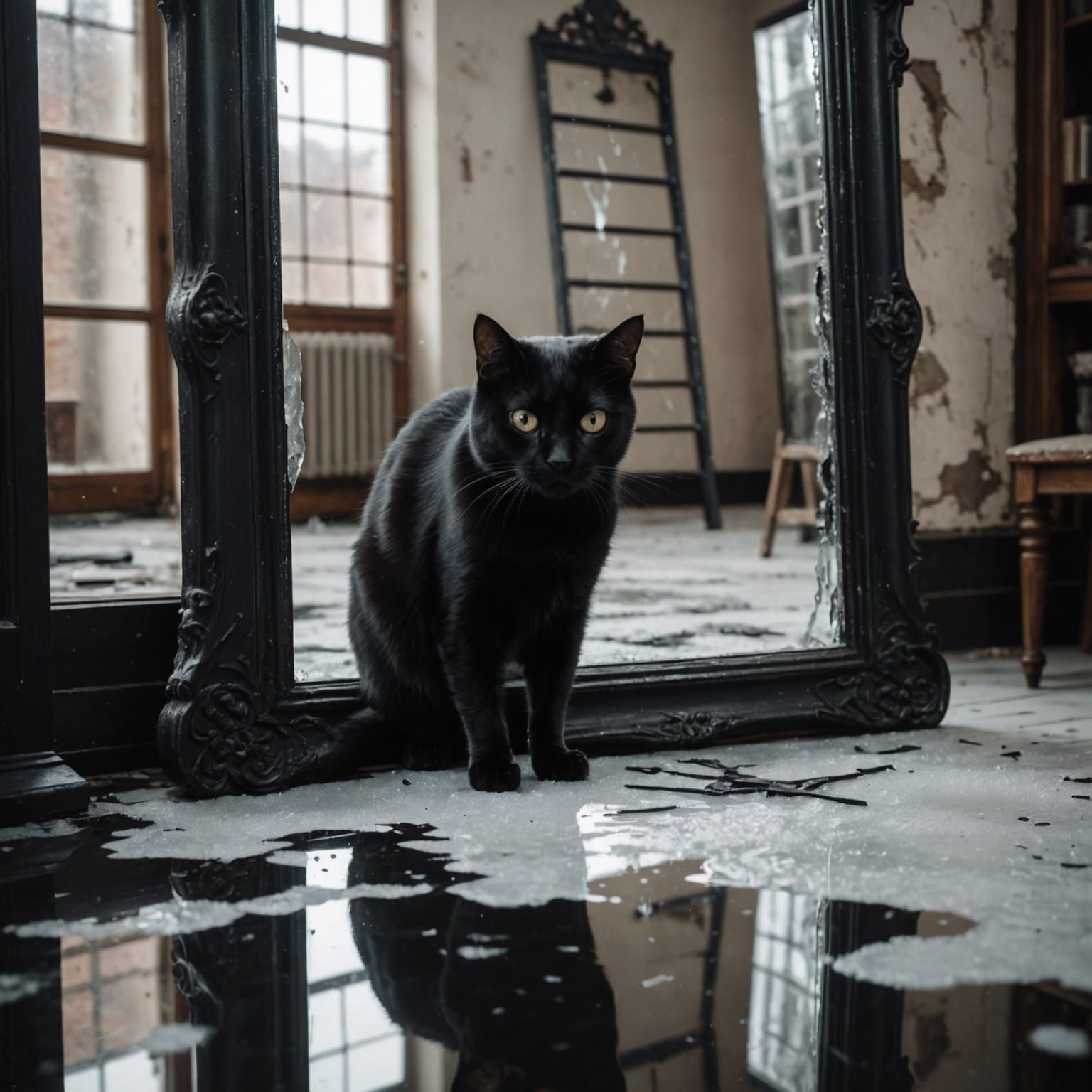 Eerie Black Cat Reflection in Gothic Style