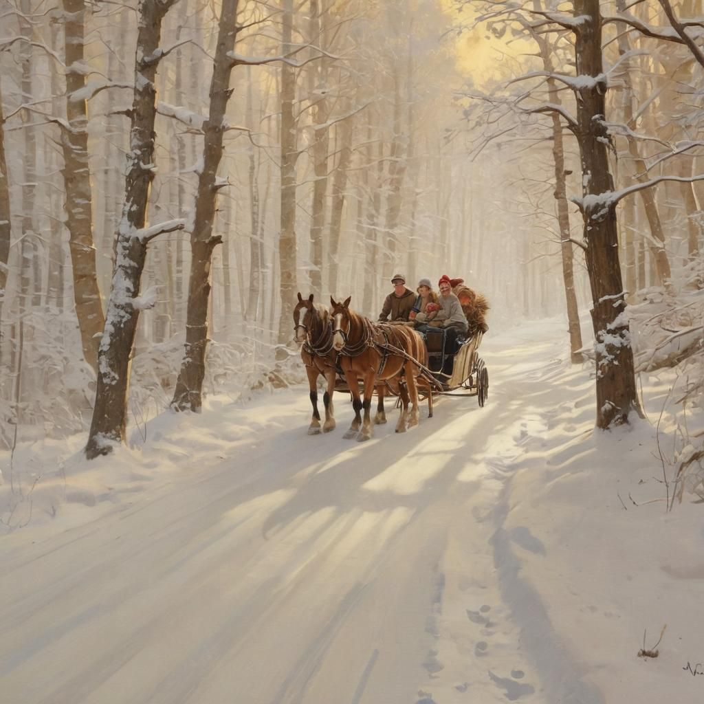 Festive Family Sleigh Ride in Winter Woods