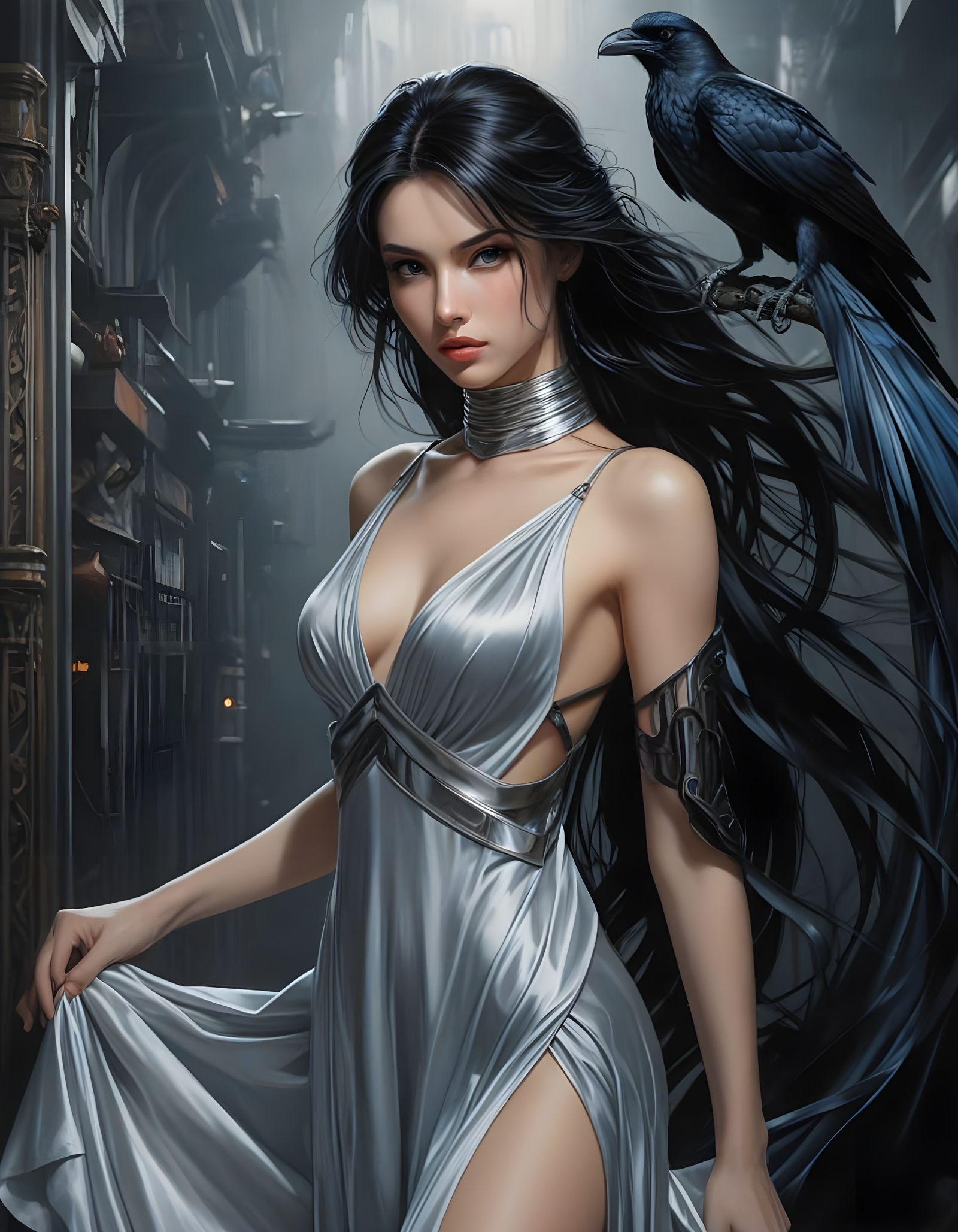 Elegant Norse Goddess in Distressing Silver Silks