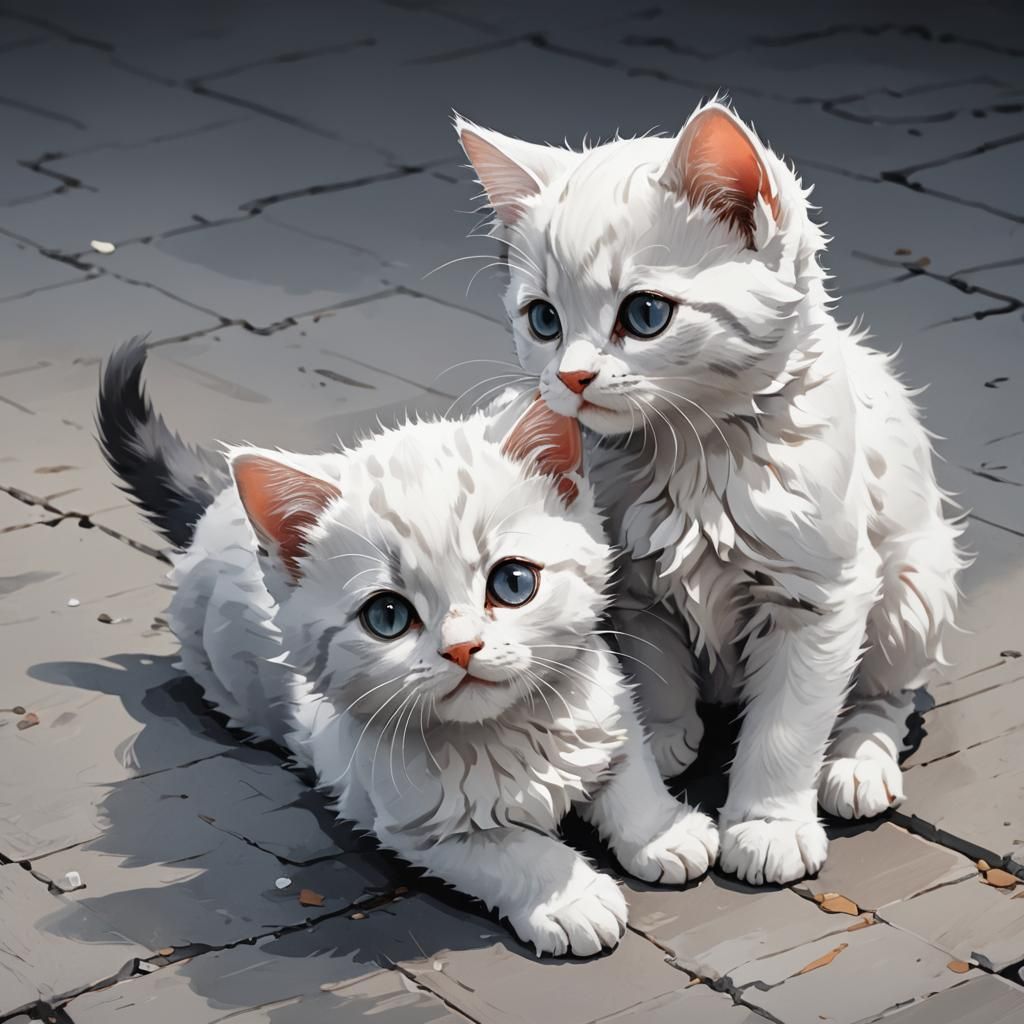 White and Grey Kittens in Anime Style