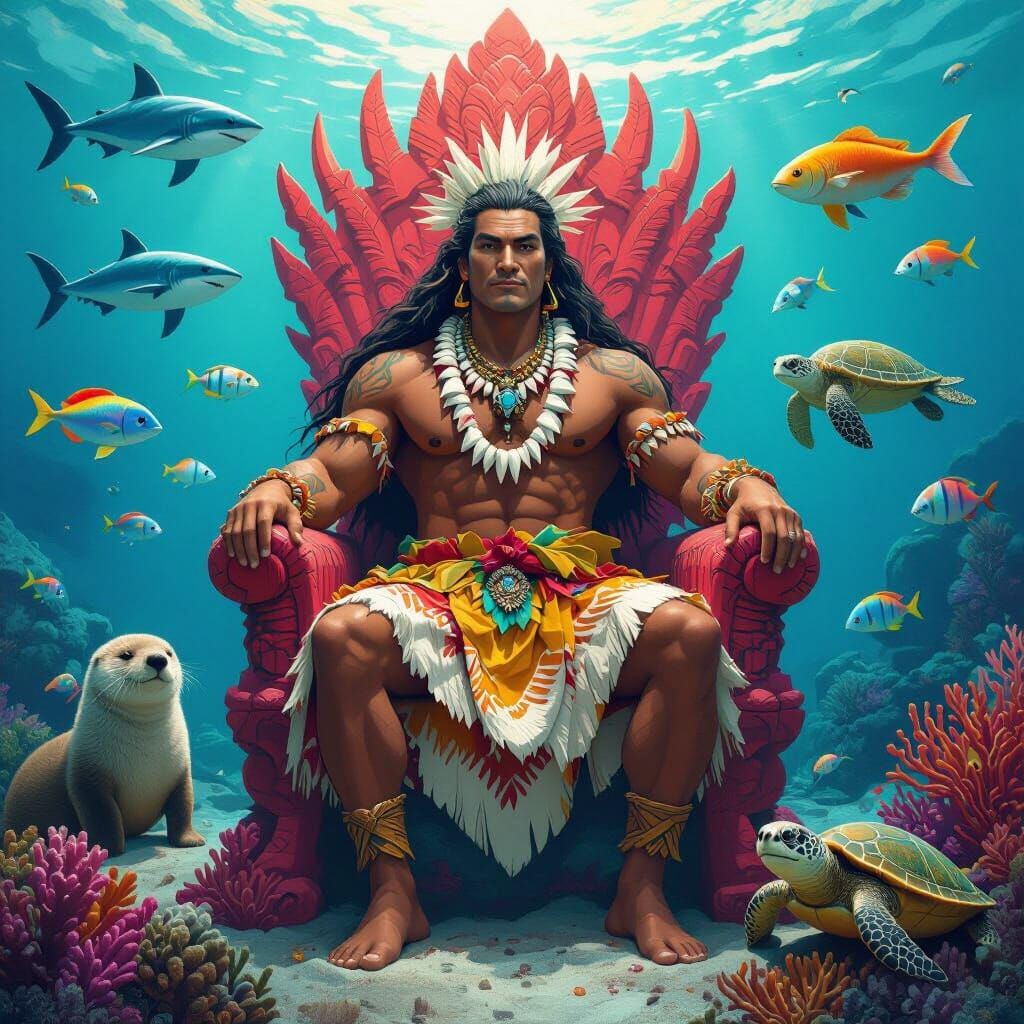 Polynesian Ocean God on Coral Throne