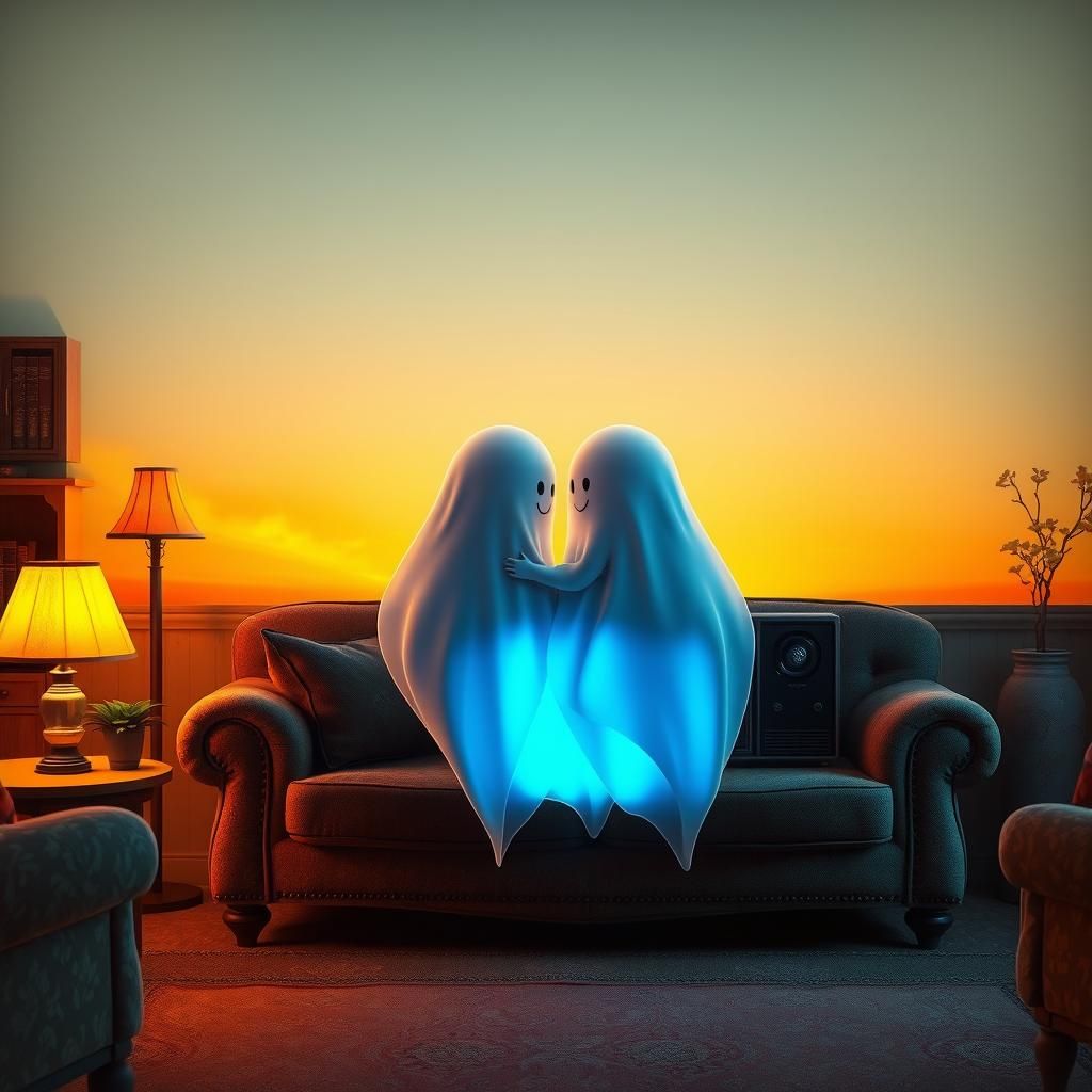 Ghostly Duo Snuggled on Couch in Pixar Style