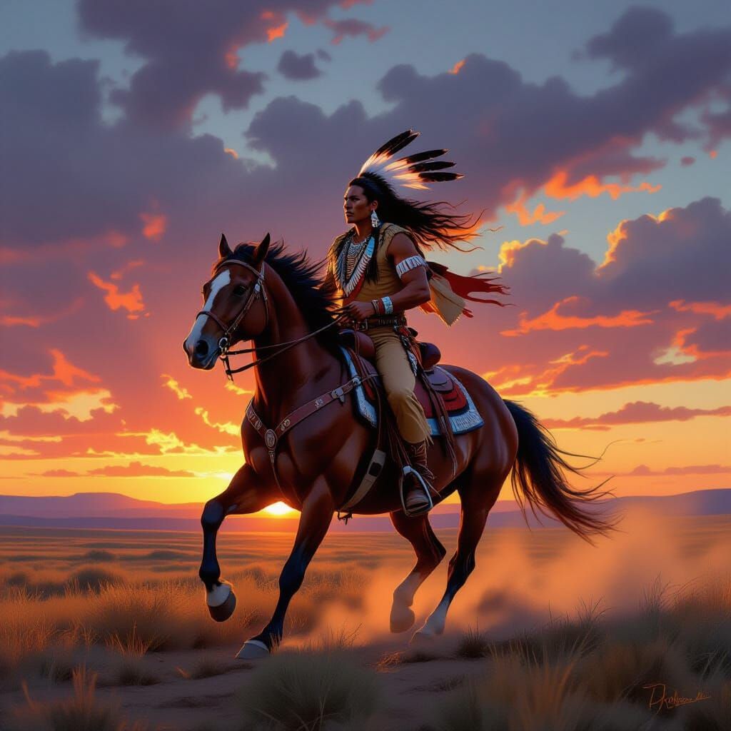 Native American Warrior on Horseback at Sunset