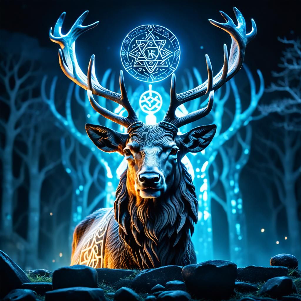 Luminous Spirit Stag with Ancient Runes