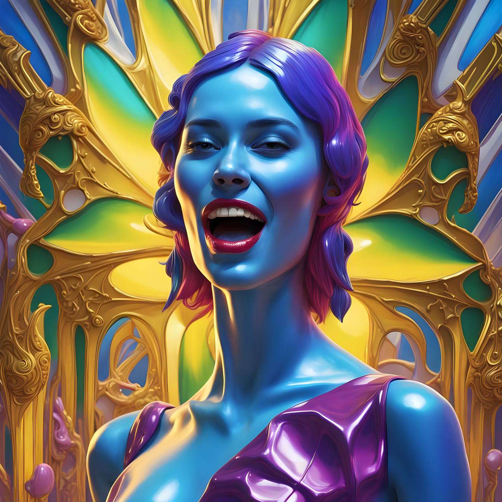 Blue Fanged Woman with Axe: Art Deco Hyperrealism