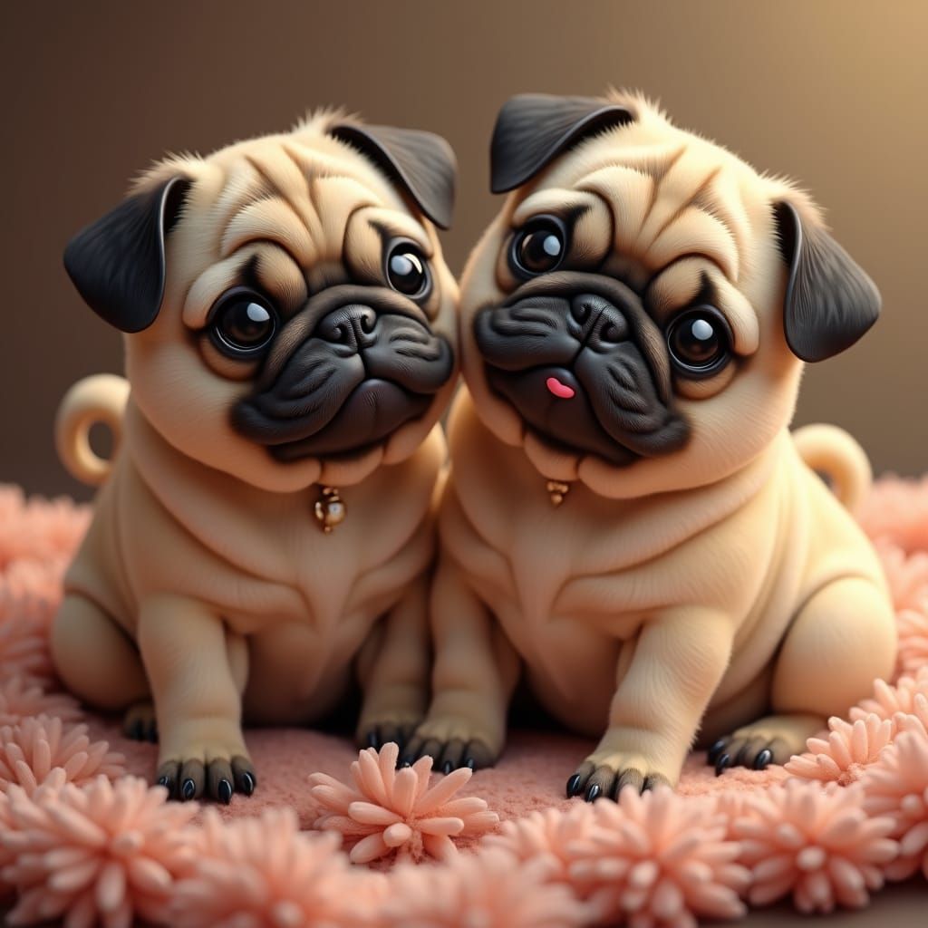 Adorable Pugs on Plush Blanket: Fantasy Concept Art
