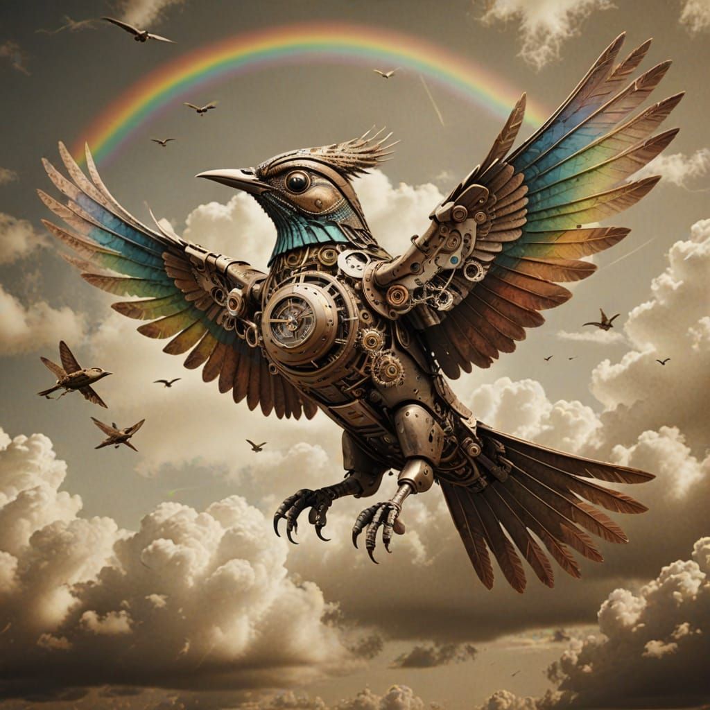 Intricate Steampunk Bird Takes Flight in Faded Sepia Skies