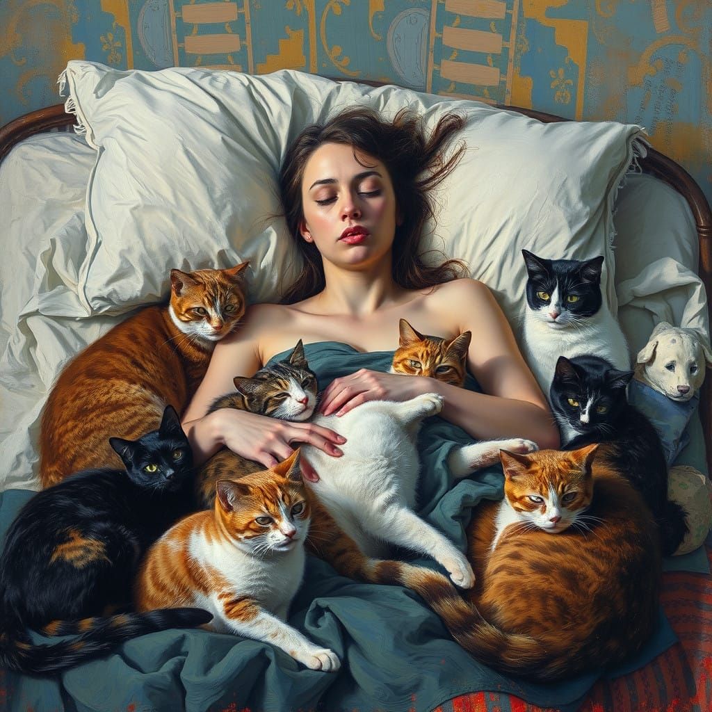 Lonely Woman Surrounded by Cats in an Emotional Oil Painting