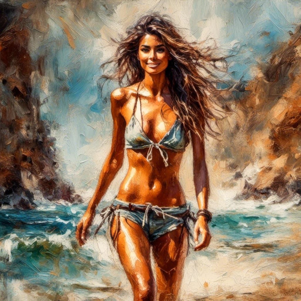 Island Woman Emerges from Ocean: Watercolor Impasto Style