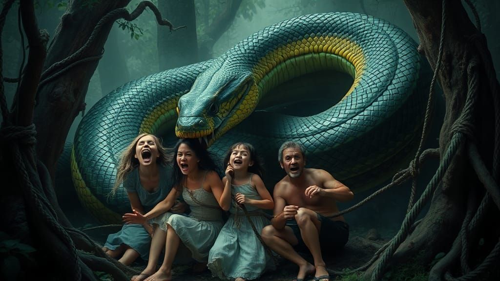 Giant Anaconda Attack in Dense Forest, Fantasy Art