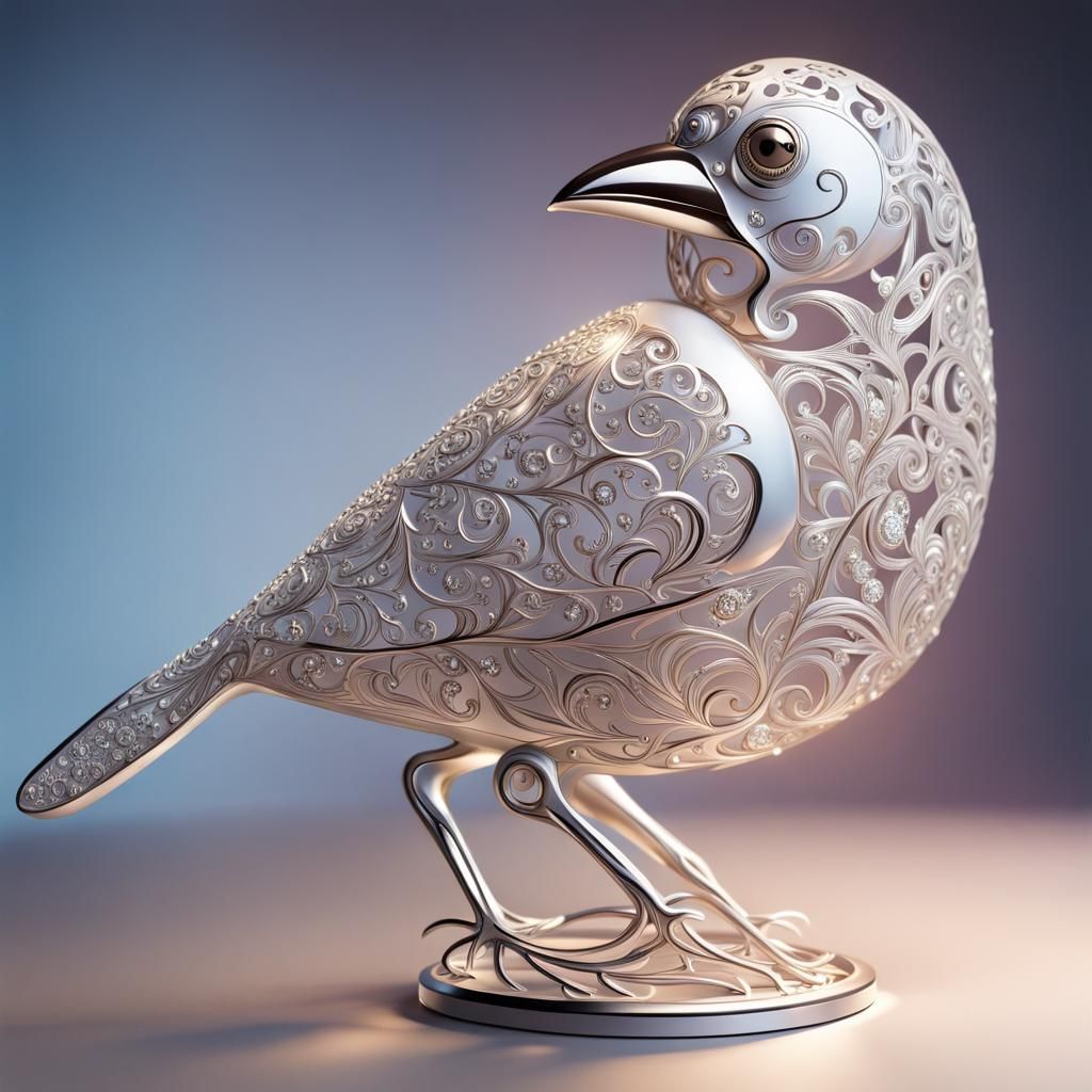 Diamond-Studded Metal Filigree Bird: Hyperrealistic Splash A...