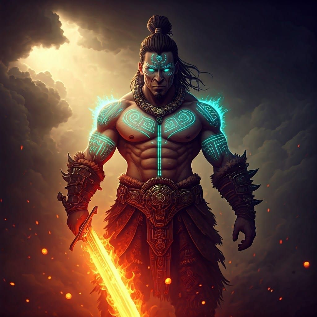 Glowing Barbarian Warrior in Aztec-Inspired Fantasy