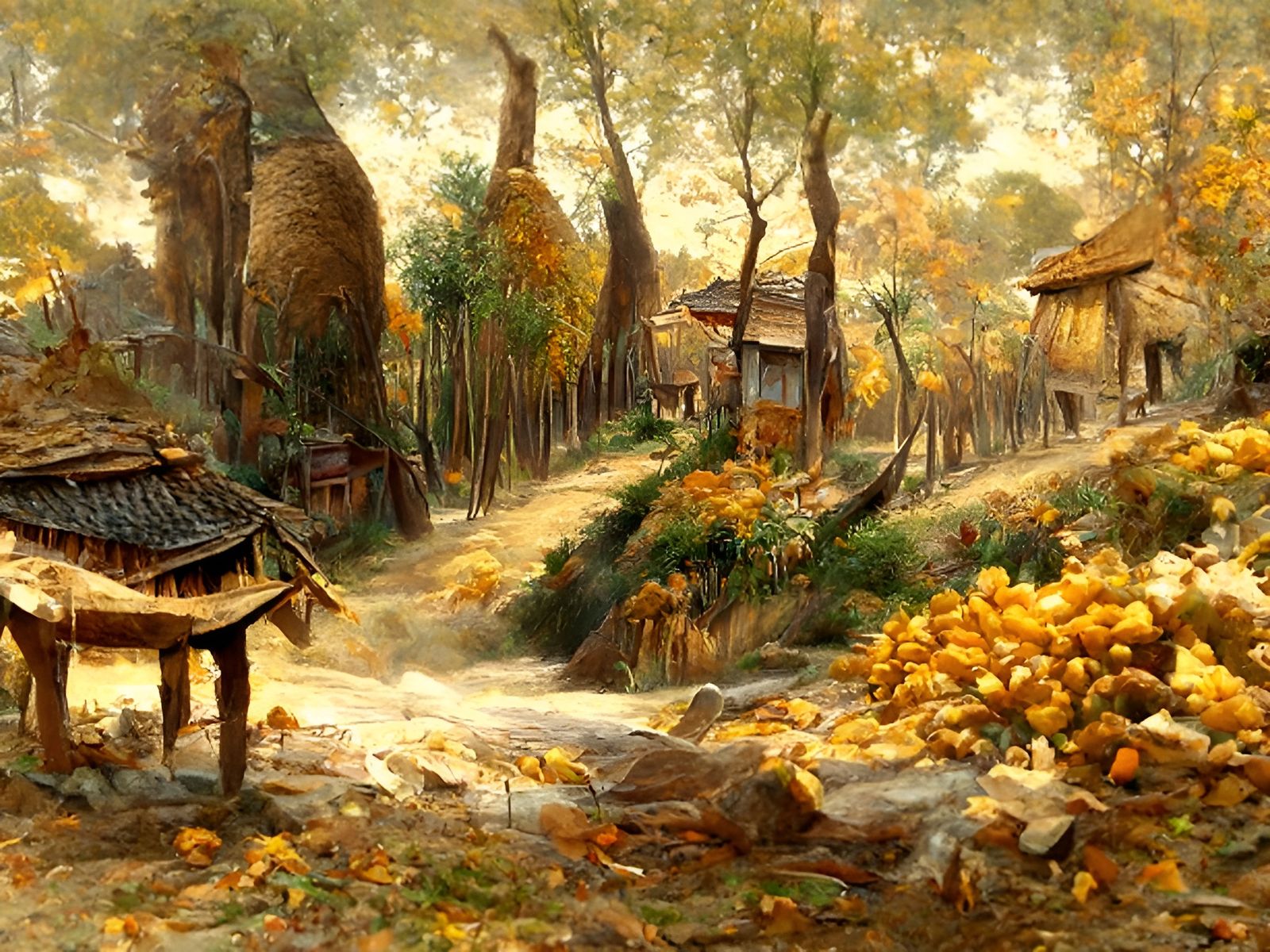 Autumn Bamboo Valley Landscape in Oil Paint Style