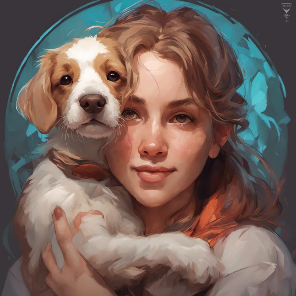 Girl with Puppy Portrait in Art Nouveau Style
