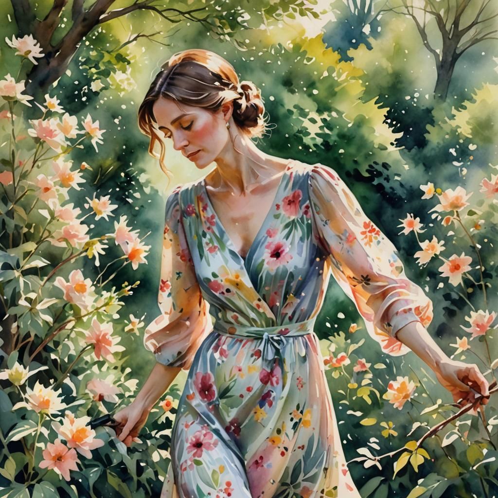 Watercolor Portrait of Woman in Floral Garden