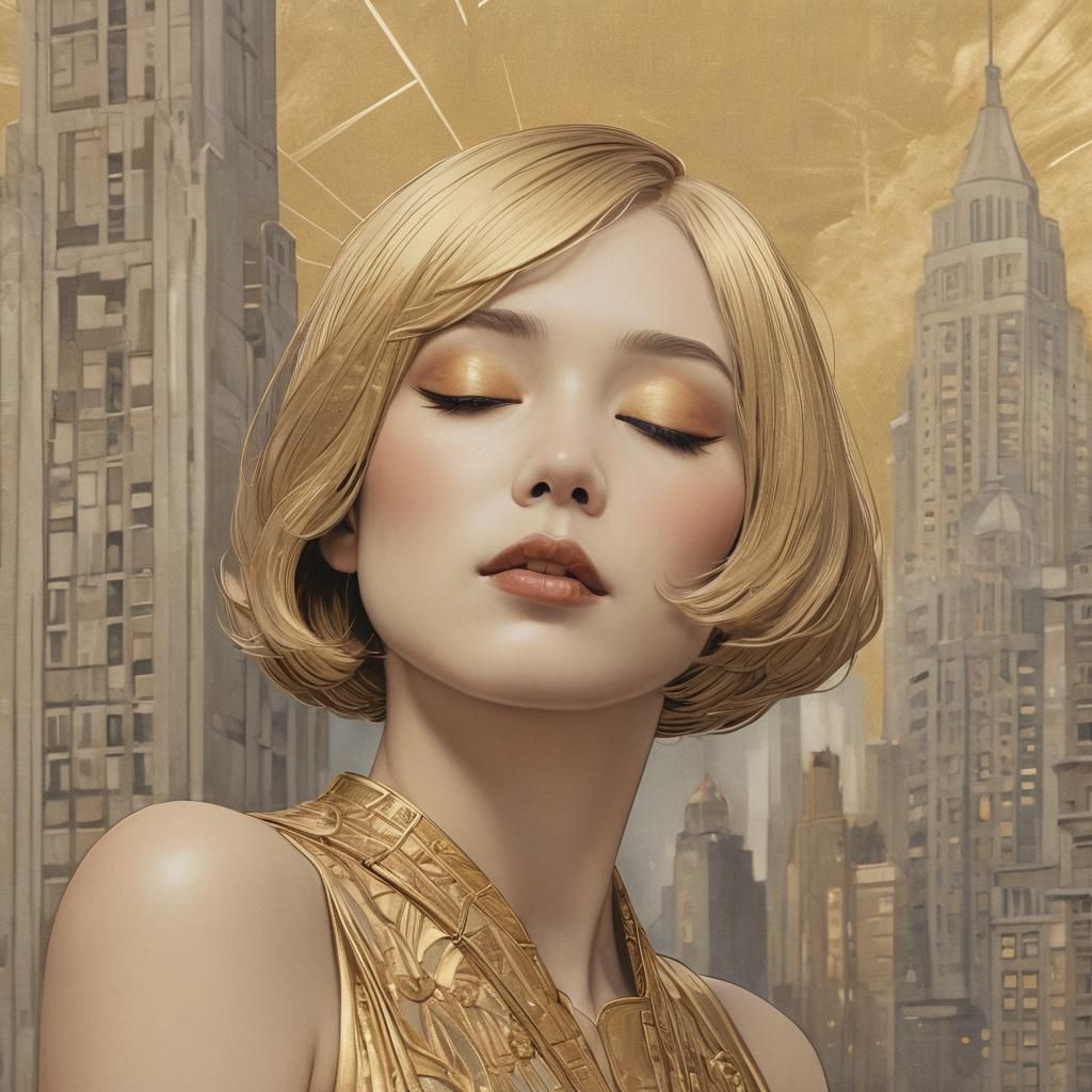 Art Deco Portrait with Skyscraper Cityscape
