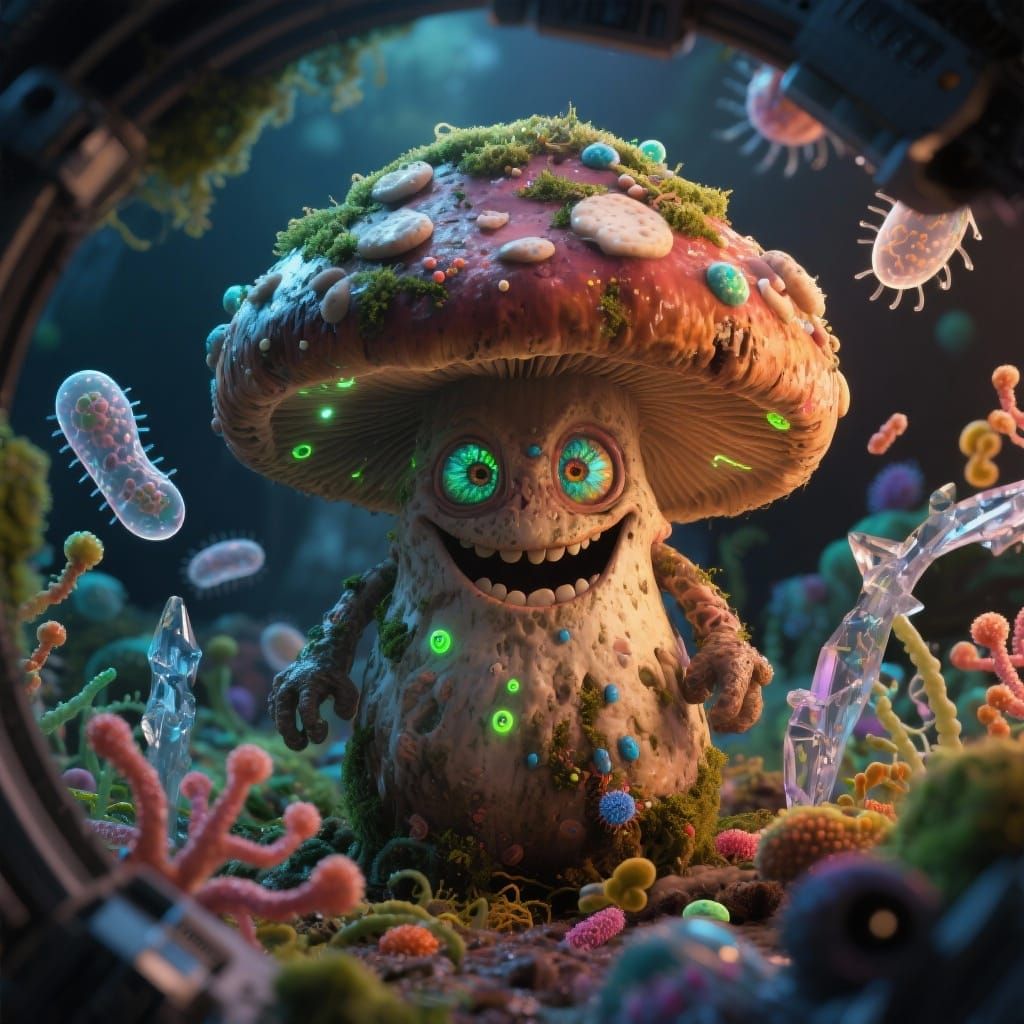 Surreal Mushroom Character in Microscopic World
