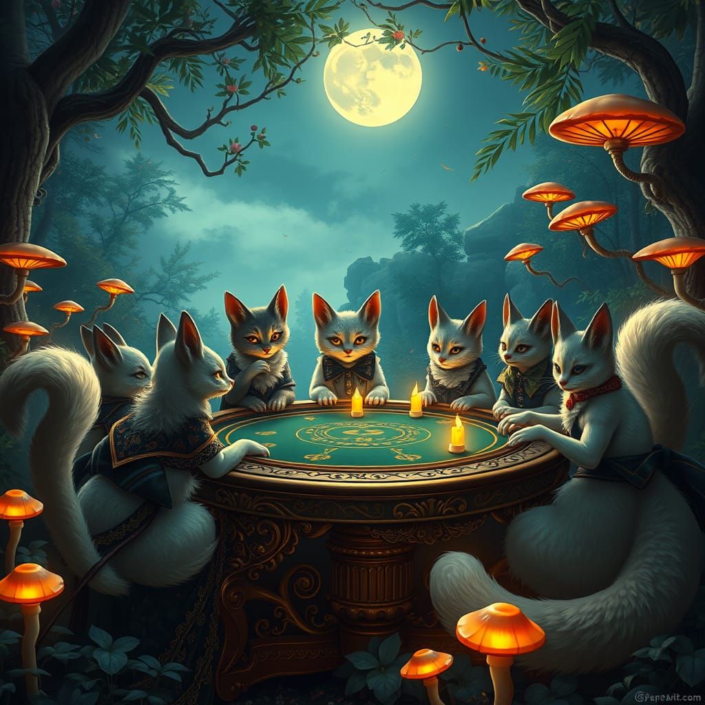 Majestic Kitsunes in Whimsical Poker Scene