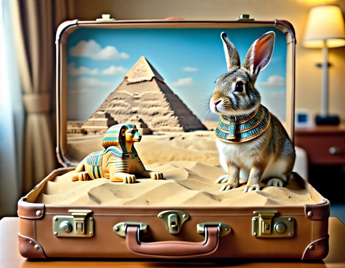 Rabbit Gazes at Egypt in a Suitcase
